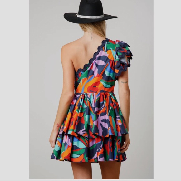 PEACE LOVE CALIFORNIA ADDIE ABSTRACT ONE SHOULDER TIERED MULTICOLOR MINI DRESS - Picture 4 of 16